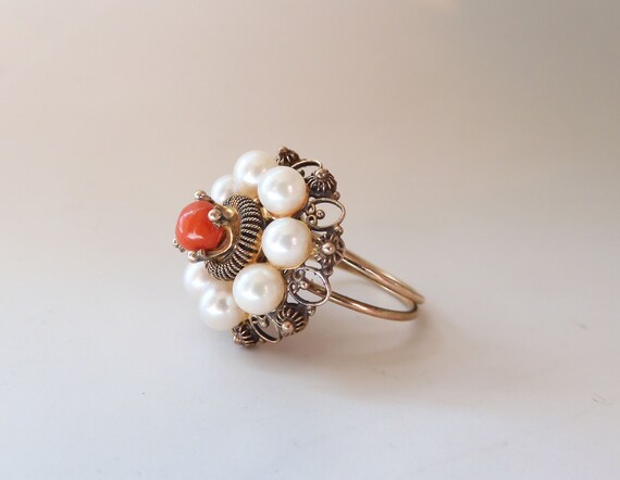 Antique 9K Gold Cannetille Coral & Cultured Pearl… - image 1