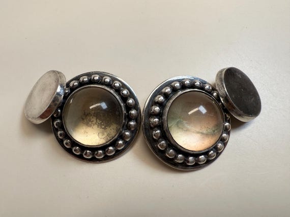 Vintage Sterling Silver & Rock Crystal Cabochon Cufflinks / Cuff Buttons