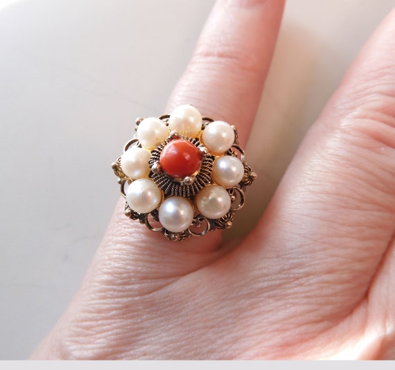 Antique 9K Gold Cannetille Coral & Cultured Pearl… - image 2