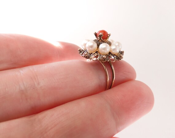 Antique 9K Gold Cannetille Coral & Cultured Pearl… - image 3