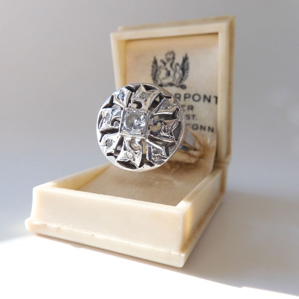 Antique Art Deco Era 14K White Gold Diamond Halo Ring Signed E.M. Weinberg