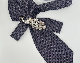 Vintage Peacock Crystal Brooch Necklace, Upcycled Purple Gray Necktie
