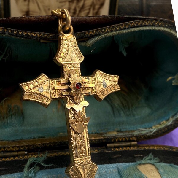 Gorgeous Antique Victorian Rolled Gold Etched Byzantine Floral Cross Pendant Natural Garnet Stone
