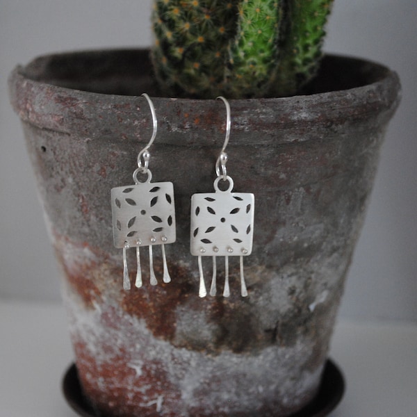 Silver Drop Earrings - Square Tile Earrings - Detailed Earrings - Cut Out Earrings - Dangly Earrings - Kinetic Earrings - Tactile Jewellery.