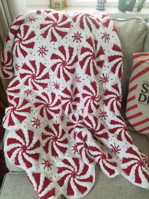 Crocheted Christmas Candy Cane Peppermint Throw Blanket Afghan