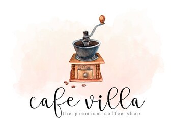 Coffee Logo Design Vintage Antique Watercolor Grinder Grind Cafe Beans Premade Coffee Logo Design Vintage Antique Watercolor Grinder Grind Cafe Beans Premade