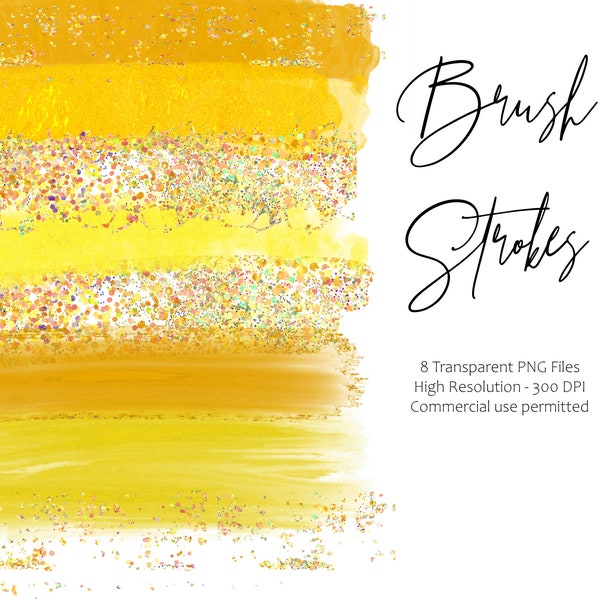 Yellow Brush strokes, Brush Stroke Clipart, Halographic, Transparent PNG Texture, Glitter Gold Brush Stroke, Digital Watercolor Clipart