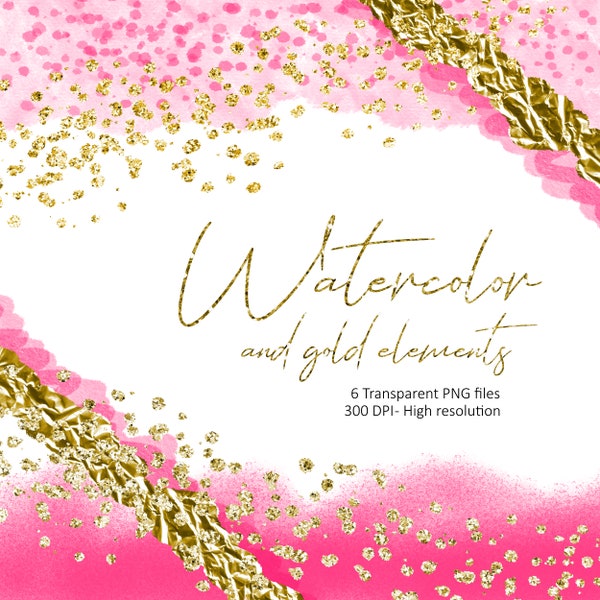 Pink gold watercolors, Pink gold border, Pink gold borders, Pink and gold, Design elements, Transparent png, Painted splashes, Paint designs