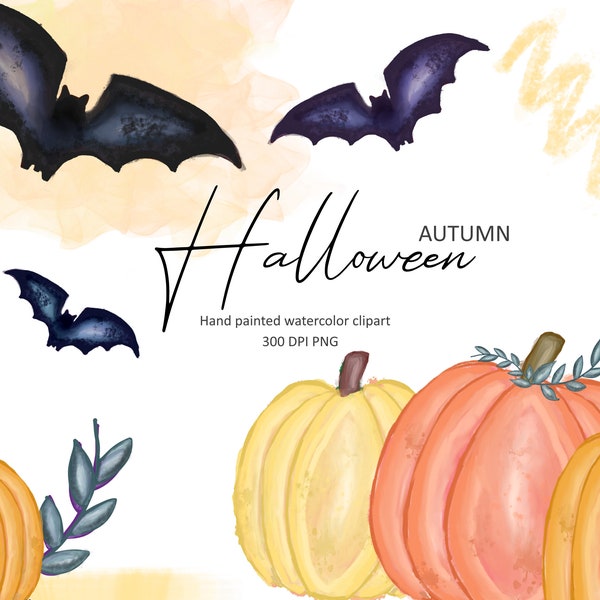 Halloween Clipart Set, Orange pumpkin clipart, Yellow pumpkins, Pumpkin painting, Bats clipart, Bats painting, Halloween set, Spooky clipart