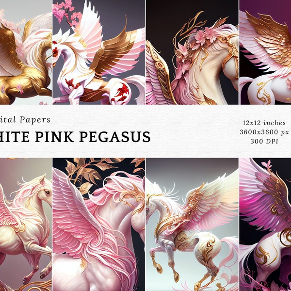 Pegasus Paper, White Pegasus, Pink White, Digital papers, Paper Pack, Commercial Paper, Commercial use, Background, Wallpaper