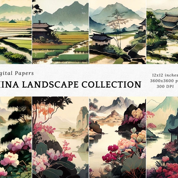 China Landscapes  digital paper, backdrop, printable paper, commercial use, instant download, paper pack, Oriental landscapes, Far East