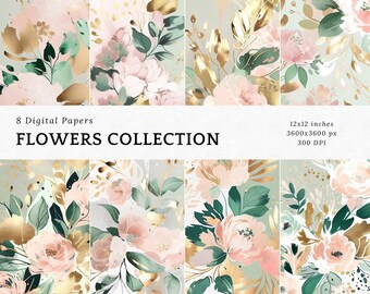 Pink rose paper, White roses, Gold roses, Digital paper, Paper pack, Download paper, Digital wallpaper, Instant delivery, Commercial Use