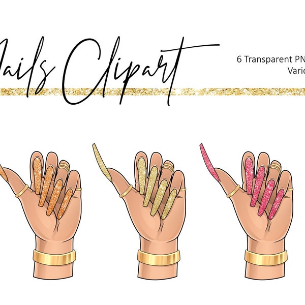 Nails Clipart, Manicure clipart, Gold nails clipart, Pink nails clipart, Nail Salon art, Nails art, Hands clipart, Woman hands, PNG files