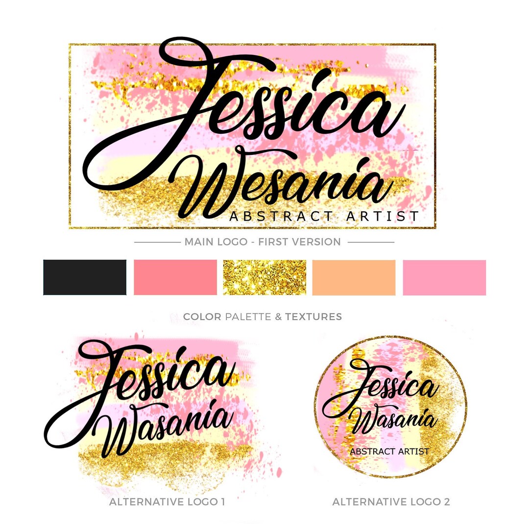 Pink Glitter Logo, Glitter Logo Set, Sparkle Logo, Golden Logo, Brush