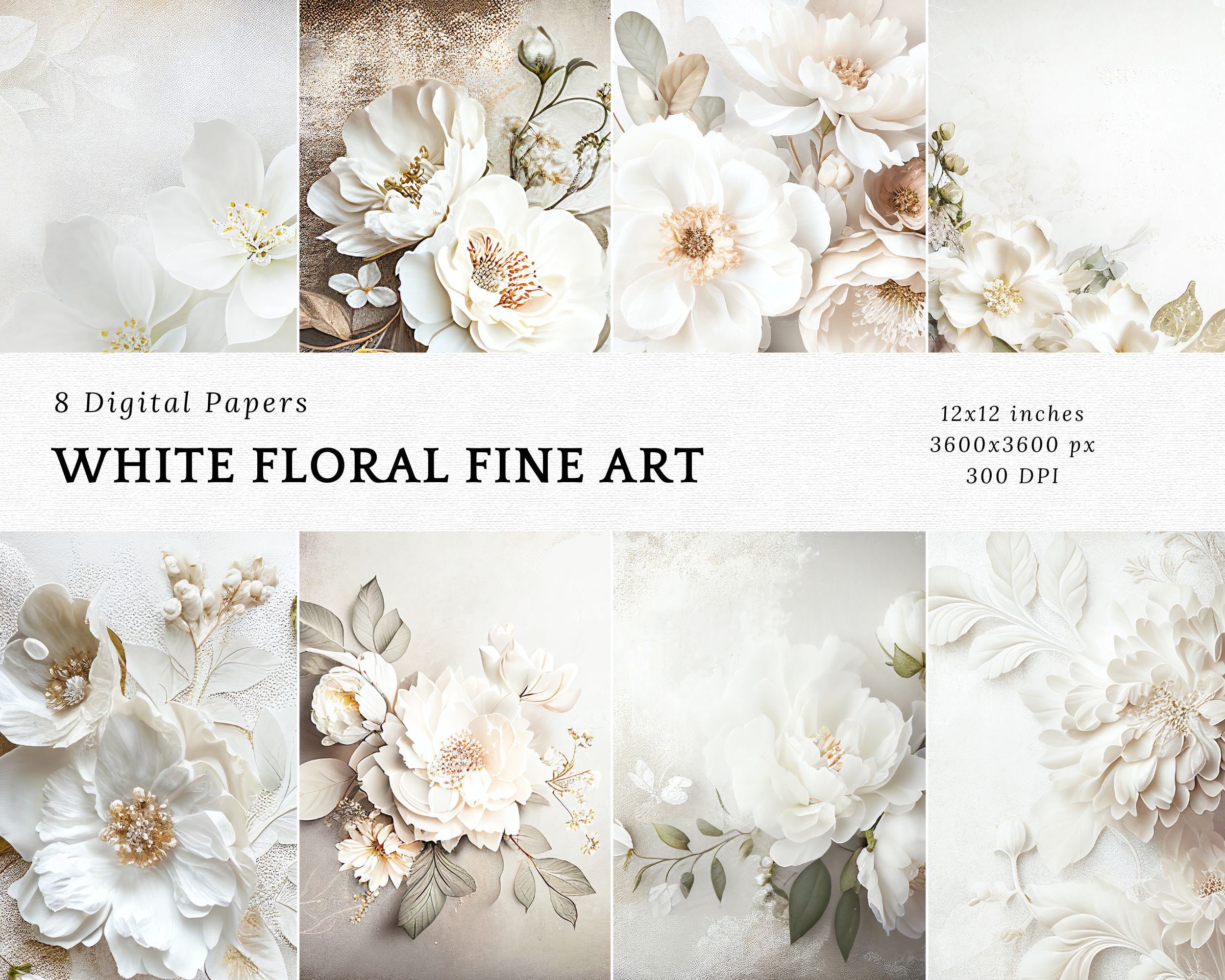 White floral paper, Flowers Paper, Floral pattern, Digital papers, Paper  Pack, Commercial Paper, Commercial use, Background, Wallpaper