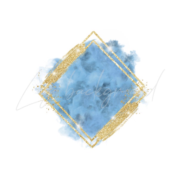 Blue Logo background, Diamond logo, Blue clipart, Geometric frame, Watercolor, Gold frame clipart, Glitter gold, Transparent png, Commercial