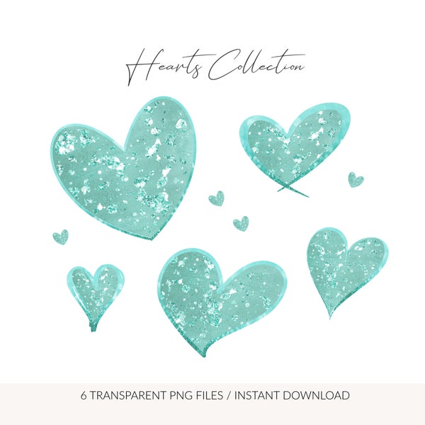 Aqua glitter hearts, Turquoise heart clipart, Sparkle hearts, Watercolor design, Heart png files, Love hearts, Valentines clipart, Romantic