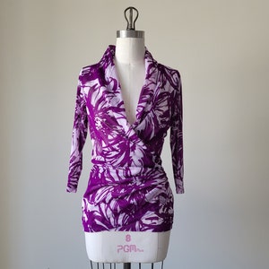 Y2K Karen Kane Mesh Wrap Blouse, Purple Abstract Print, Size M-L, Made in USA
