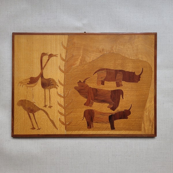 Vintage Inlaid Wood Wall Hanging Plaque Marquetry