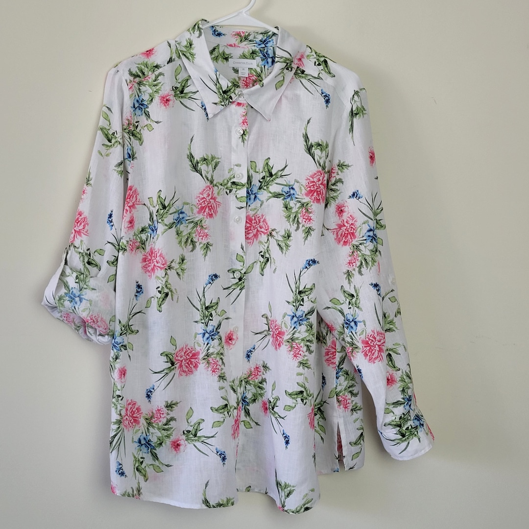 Vintage Linen Blouse Linen Shirt Button Down White Pink Cottagecore