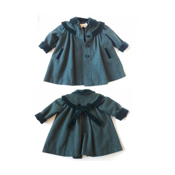 Sz 4 T Designer Wool Coat • Vintage Child's PETITE COQUETTE • Green Velvet & Wool Winter Coat • Made in Canada