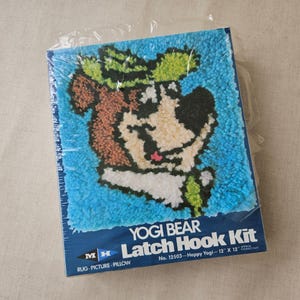 Vintage 1980s YOGI BEAR Latch Hook Kit 12x12 - Complete Deadstock Acrylic Yarn Canvas Base DIy Rug Kit Made in USA 1980 Retro Craft Kit