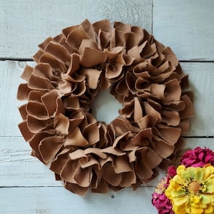 Cocoa Brown Flannel Fabric Wreath 12&quot;, Fall Fabric Wreath, Country Farmhouse Decor, Neutral Decor, Cozy Room Decor