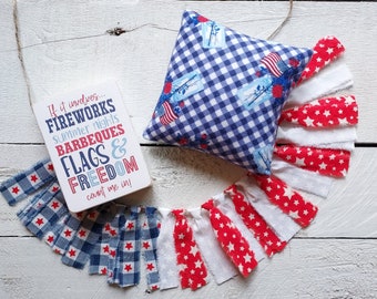 Patriotic Tiered Tray Bundle, Fireworks Flags and Freedom Decorative Set, Mini Patriotic Garland, Mini Patriotic Sign, Mini Pillow