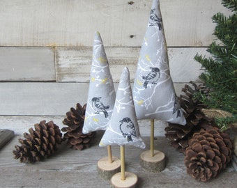 Whimsy Trees in Gray with Birds, Set of 3 Whimsical Fabric Trees, Tiered Tray Decor, Farmhouse Decor