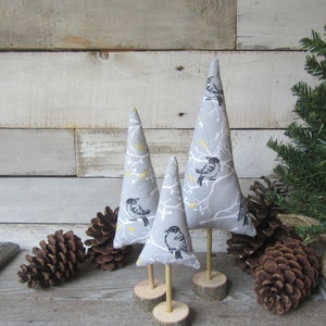 Whimsy Trees in Gray with Birds, Set of 3 Whimsical Fabric Trees, Tiered Tray Decor, Farmhouse Decor