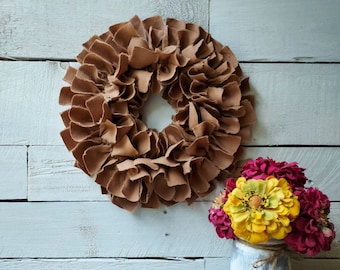 Cocoa Brown Wreath, Rag Tie Fabric Wreath, Fall Decor, Country Farmhouse Decor, Neutral Decor