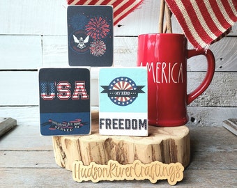 Patriotic Mini Sign Trios, Patriotic Tiered Tray Decor, Set of 3 Patriotic Mini Signs, Patriotic Shelf Decor