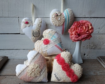 Fabric Hearts, Hanging Shabby Hearts, Farmhouse Hearts, Valentine Hearts, Heart Hangers