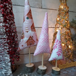 Pink Christmas Whimsy Trees, Set of 3 Whimsical Fabric Trees, Tiered ...