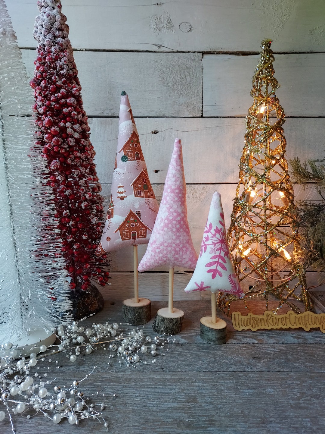 Pink Christmas Whimsy Trees, Set of 3 Whimsical Fabric Trees, Tiered ...