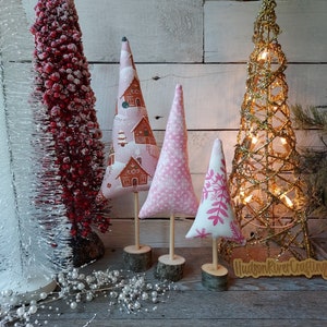 Pink Christmas Whimsy Trees, Set of 3 Whimsical Fabric Trees, Tiered Tray Decor, Gingerbread House Decor, Christmas Mantel Decor
