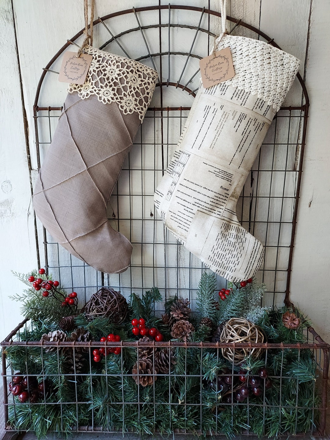 Lace Stocking Pattern Christmas Stocking, Sewing Print Stocking, Taupe Linen Stocking ...