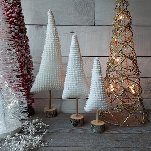 White Chenille Christmas Whimsy Trees, Set of 3 Whimsical Fabric Trees, Tiered Tray Decor, Farmhouse Decor, Vintage Chenille Decor