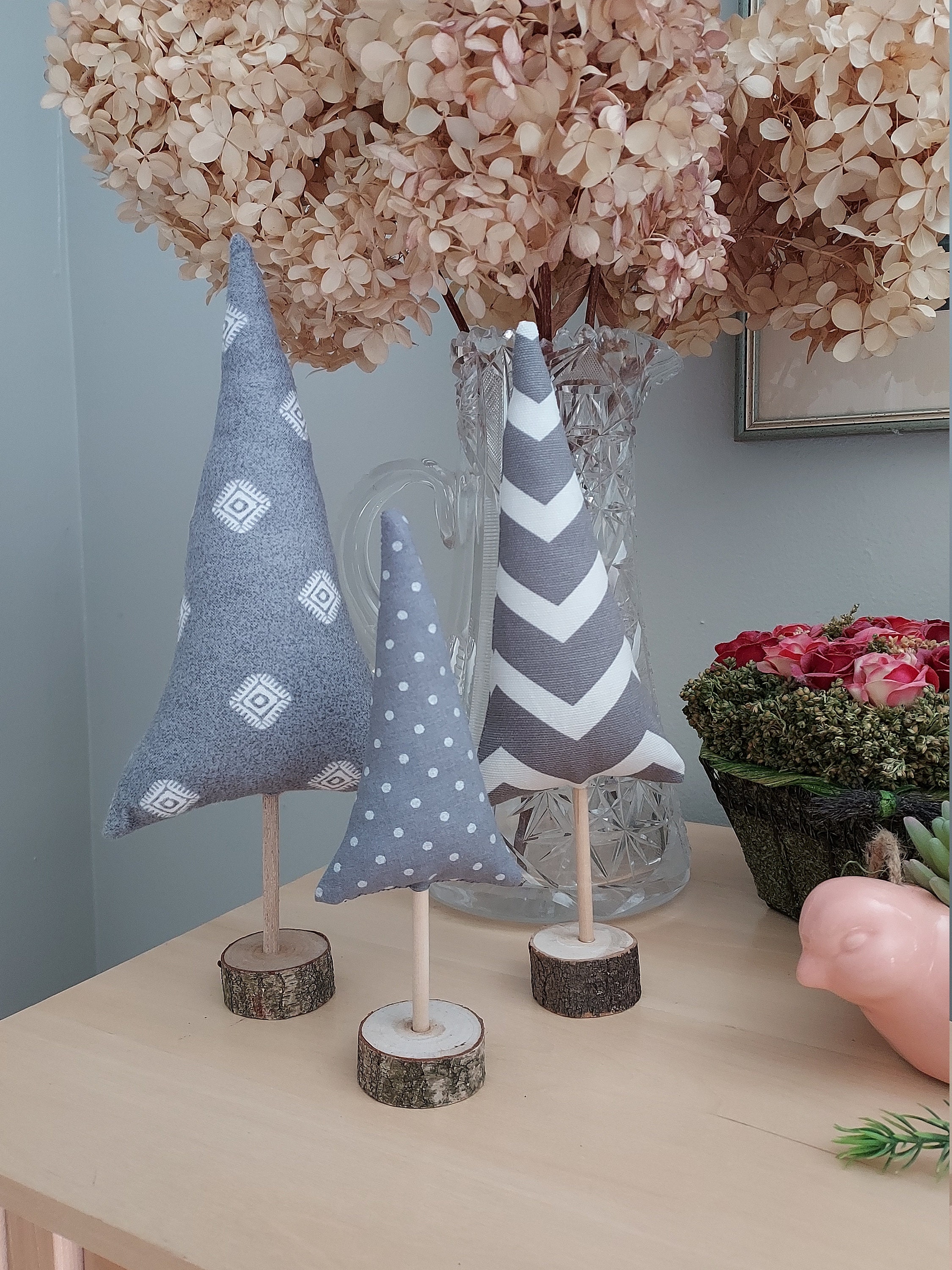 Whimsy Trees in Grey and White, Set of 3 Whimsical Fabric Trees, Tiered ...