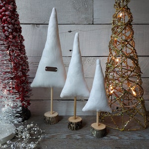 Christmas White Damask Whimsy Trees, Set of 3 Whimsical Fabric Trees, Tiered Tray Decor, Farmhouse Decor, Mantel Decor