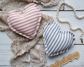 Ticking Stripe Fabric Heart Pair, Red and Blue Ticking, Fabric Hearts, Gifts for Mom, Gifts for Friends