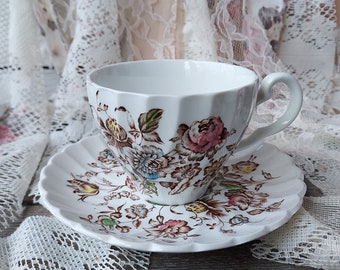 Vintage Staffordshire Bouquet Cup and Saucer, Made in England, Ironstone, Transferware
