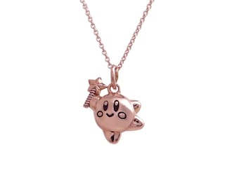 Small 10K Rose Gold Jumping Kirby Pendant With Star, Nintendo Inspired Charm Necklace