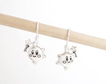 Small Sterling Silver Jumping Kirby Dangle With Star Earrings, Nintendo Inspired Earrings