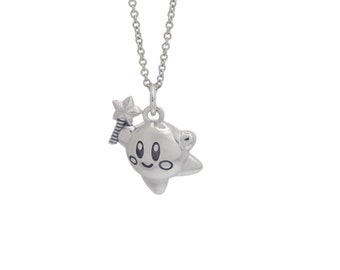 Medium Sterling Silver Jumping Kirby Pendant With Star & Silver Chain, Nintendo Inspired Charm Necklace