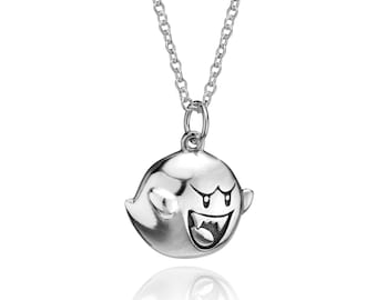 Medium Mean Boo Pendant, Sterling Silver Super Mario Bros, Nintendo Ghost Inspiré Charm Necklace With Silver Chain