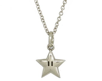 Medium Sterling Silver Super Mario Bros. Super Star Pendant Necklace on Chain, Invincible Star Charm, Nintendo Inspired