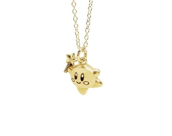 Small Yellow Gold Jumping Kirby Pendant With Star, Nintendo Inspired Charm Necklace