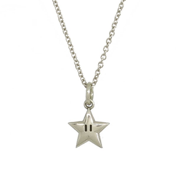 Small Sterling Silver Super Mario Bros. Super Star Pendant Necklace with Chain, Invincible Star Charm, Nintendo Inspired