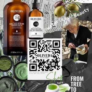 May include: Collage featuring OLIVEDA olive tree products. Includes a large bottle of Extra Virgin Olive Oil (500 ml / 16.9 fl oz), a smaller bottle of Olive Tree Concentrate, and various skincare items. The image also shows olives and text that reads "From Tree to Beauty."